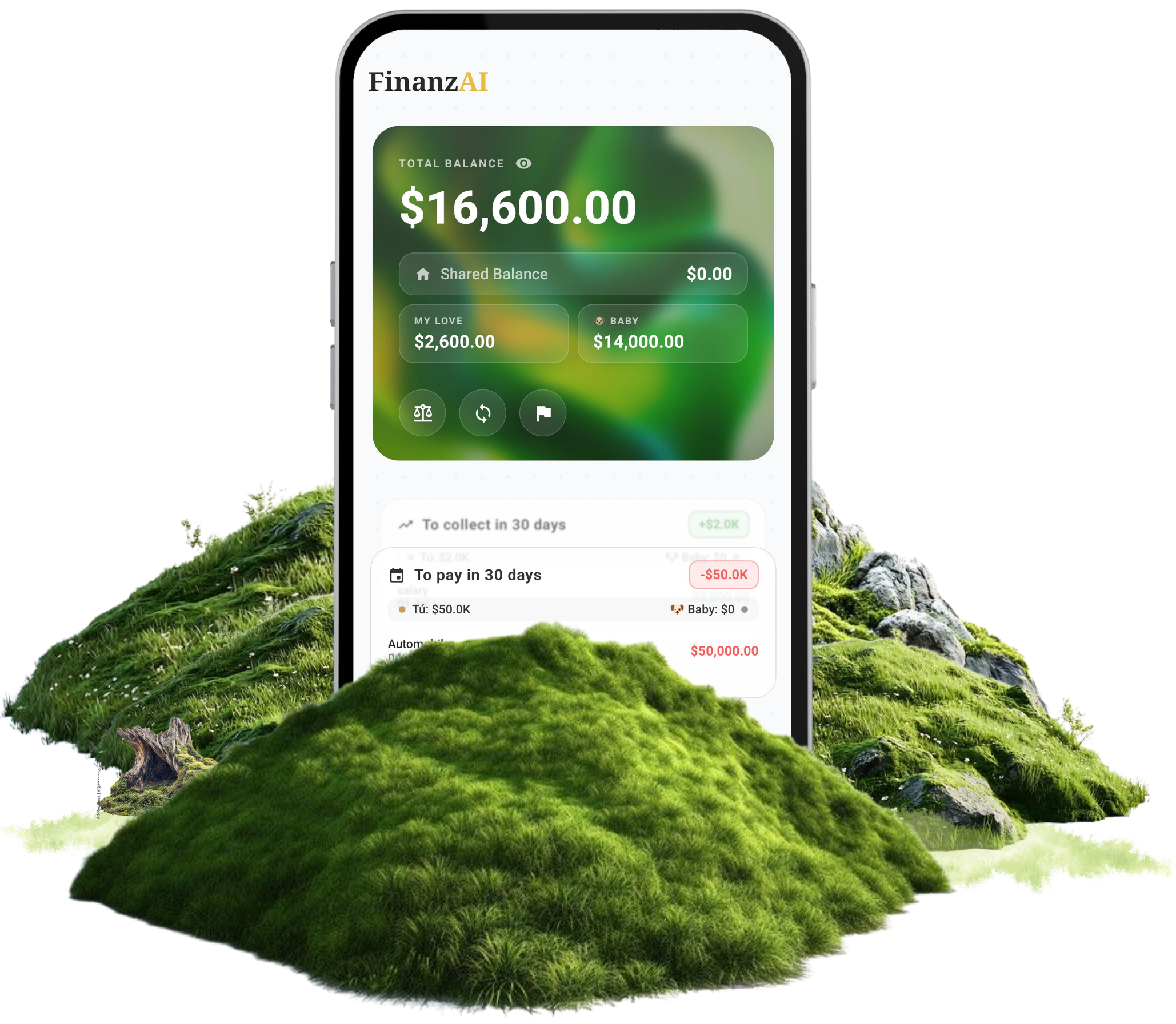 FinanzAI Duo Mode Shared Ledger screen with organic hill