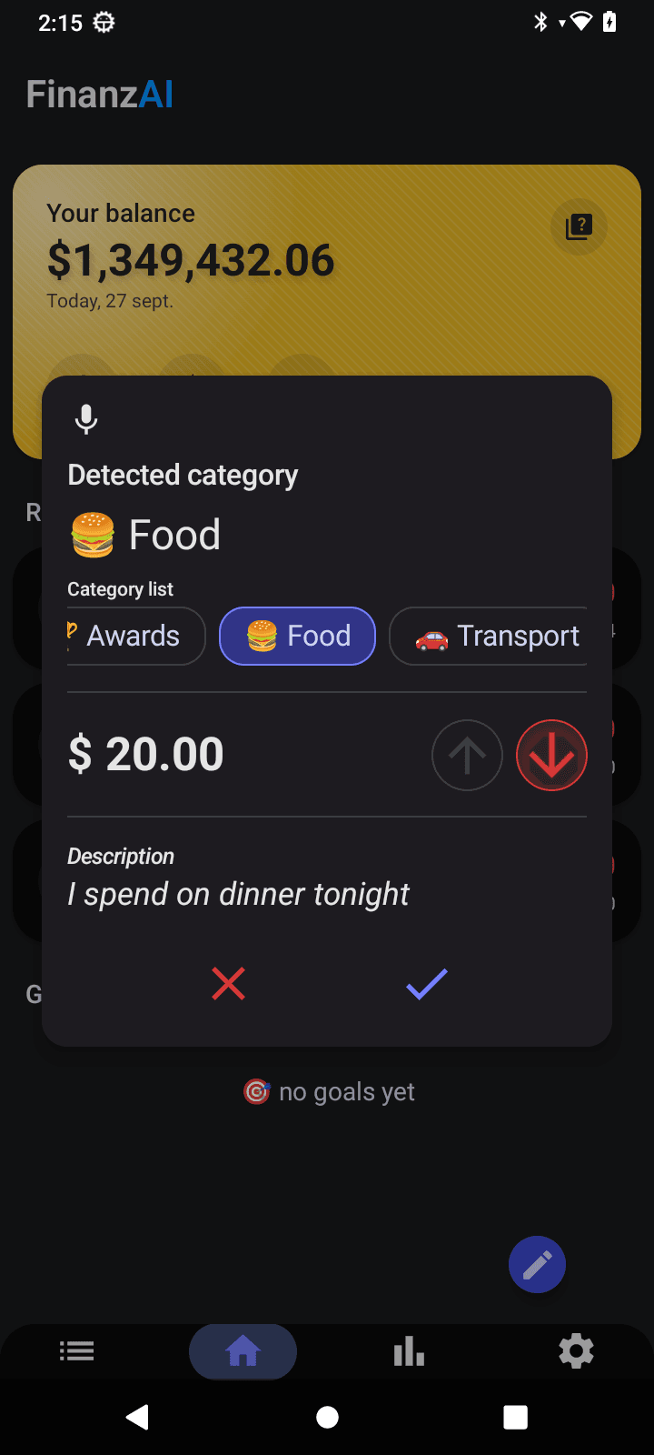 FinanzAI voice input detecting Food category from spoken phrase