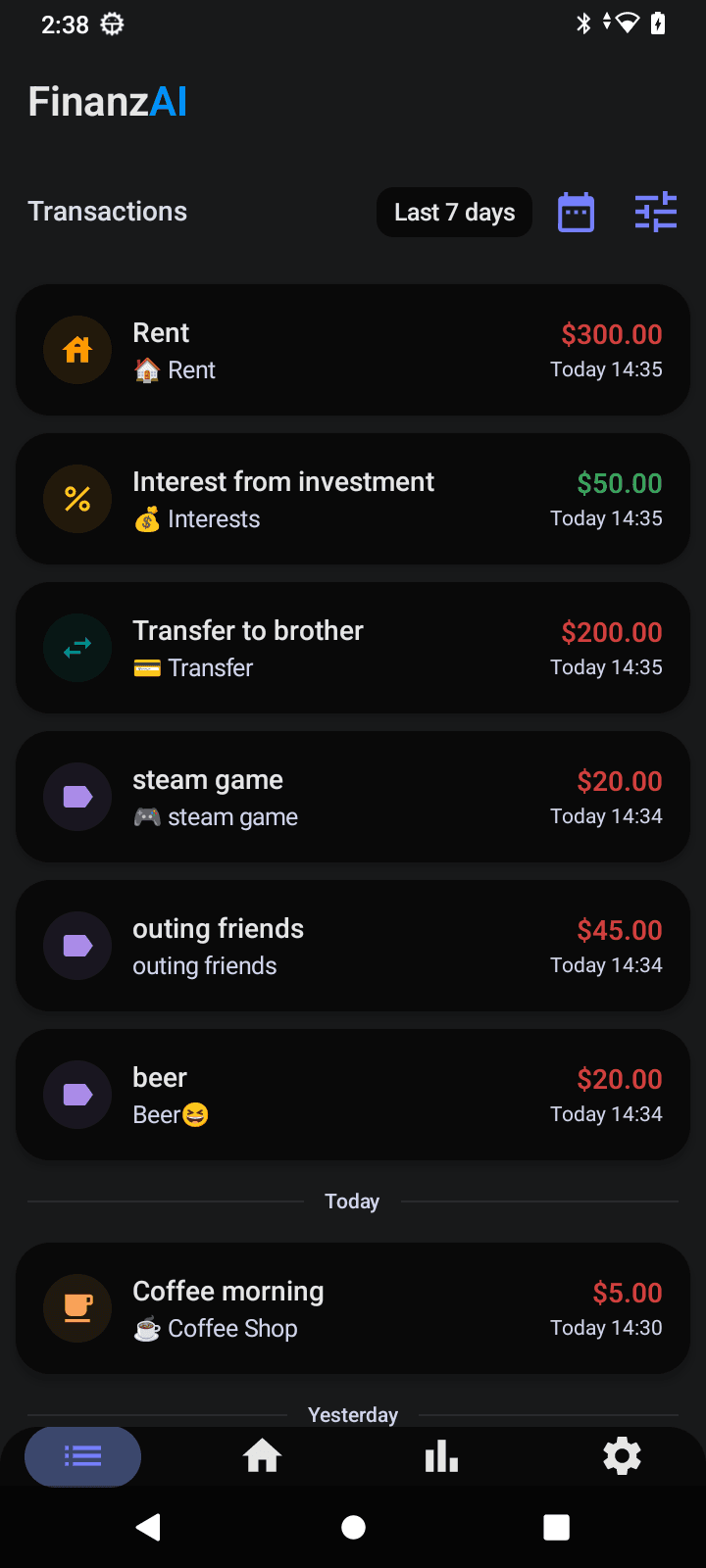 FinanzAI transaction list showing rent, investments, transfers, and more