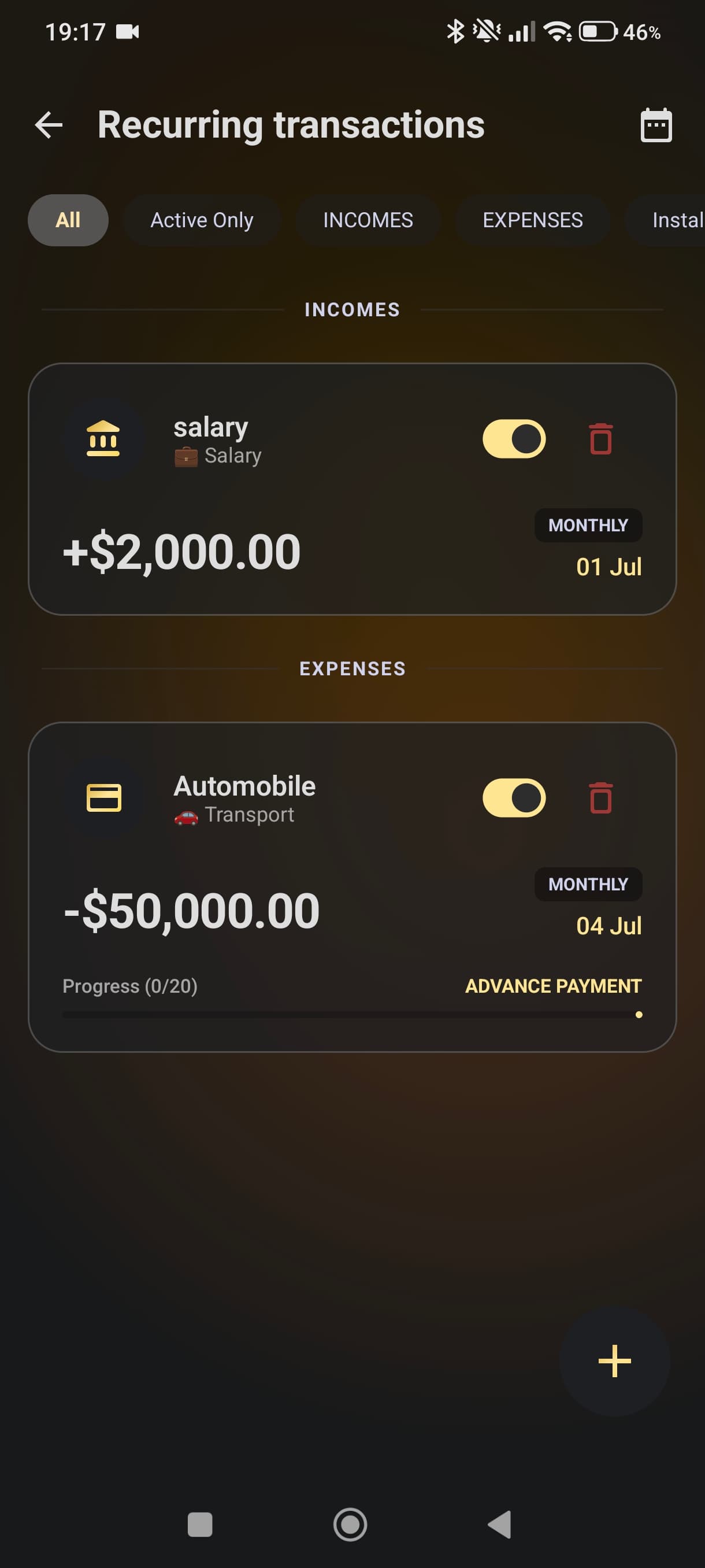 FinanzAI Recurring Transactions screen