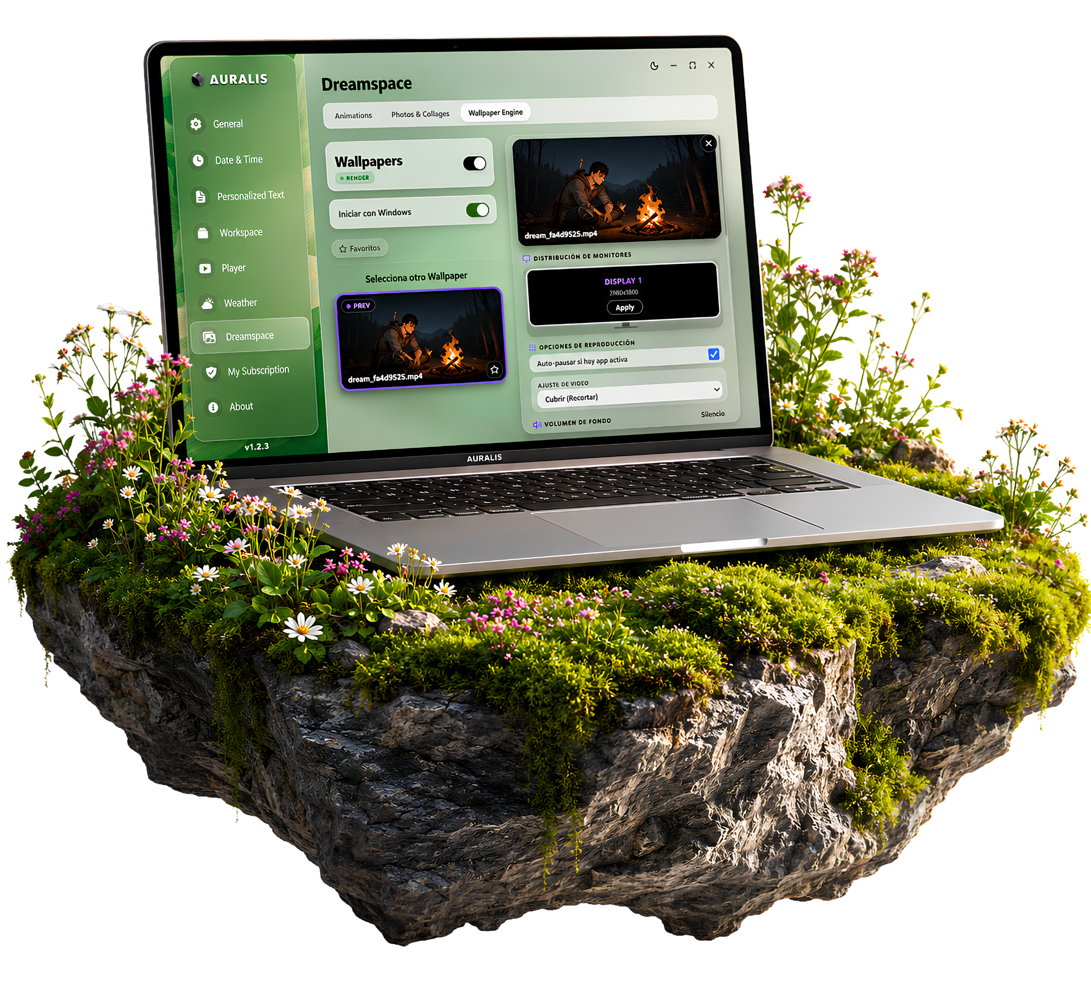 Auralis Desk showcase — floating rock island with laptop mockup
